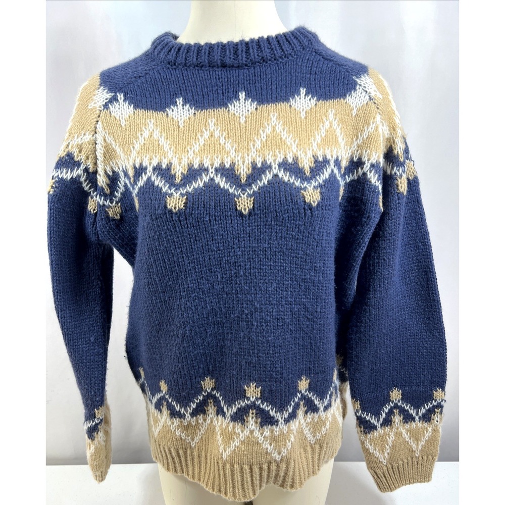 No Brand Women's 100% Mohair Faire Isle Cottagecore Blue‎ & Tan Sweater Size XL